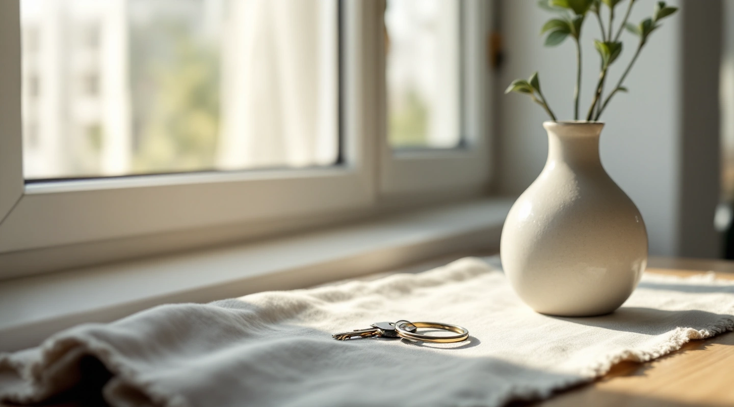 Rental keys beside a vase near a sunlit apartment window