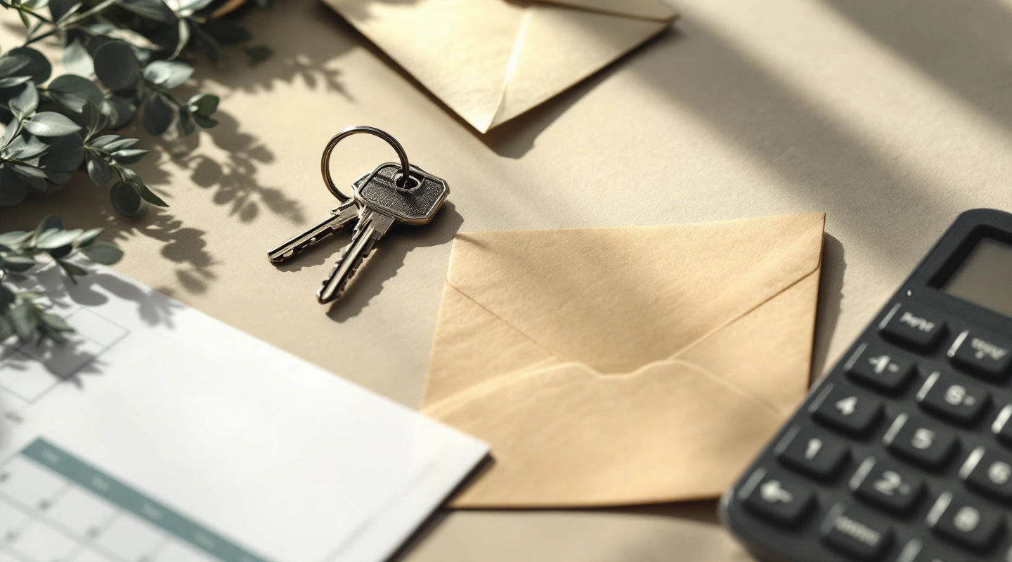 Rental keys beside orderly office paperwork