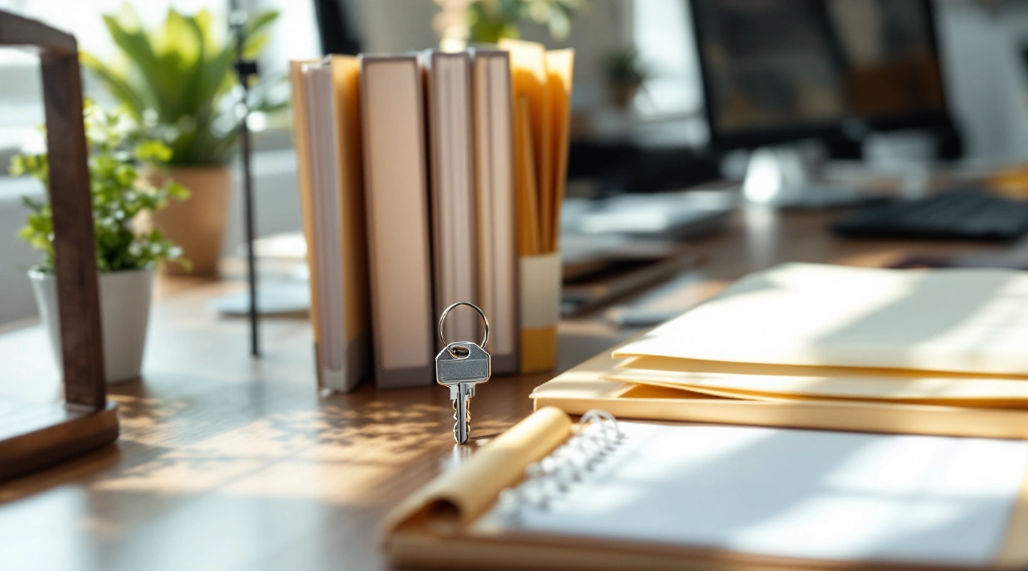 Rental keys beside orderly office paperwork