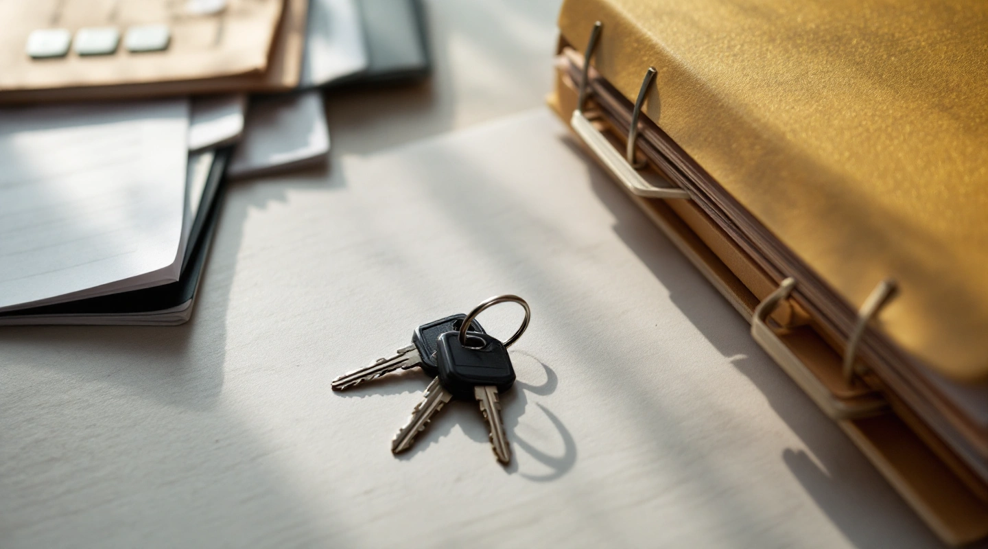 Rental keys beside orderly office paperwork