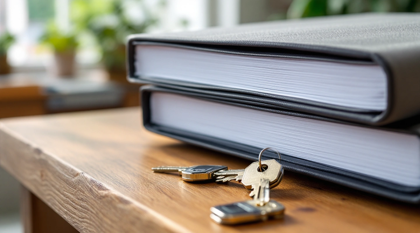 Rental keys beside orderly office paperwork