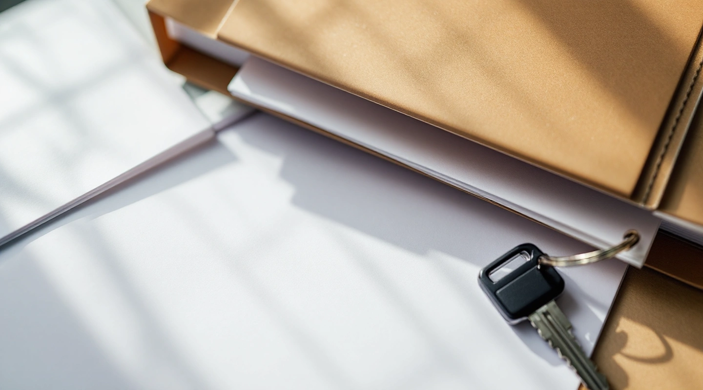Rental keys beside orderly office paperwork